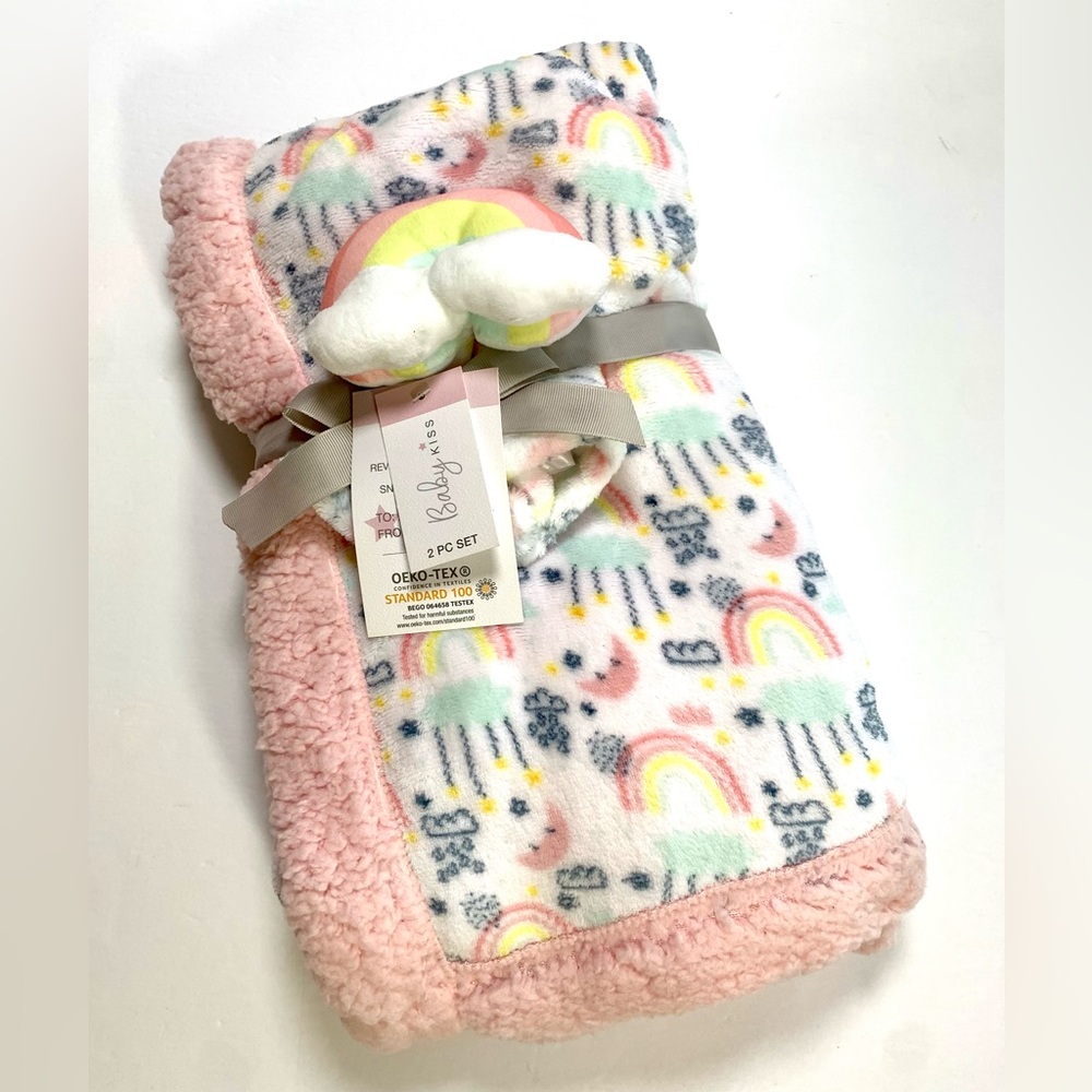 Baking Kiss Pink Rainbow Plush Sherpa Blanket and Lovey Set NWT